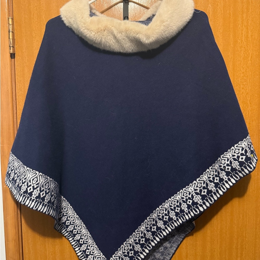 Belle dame Navy Blue Poncho Sweater with Cream Trim